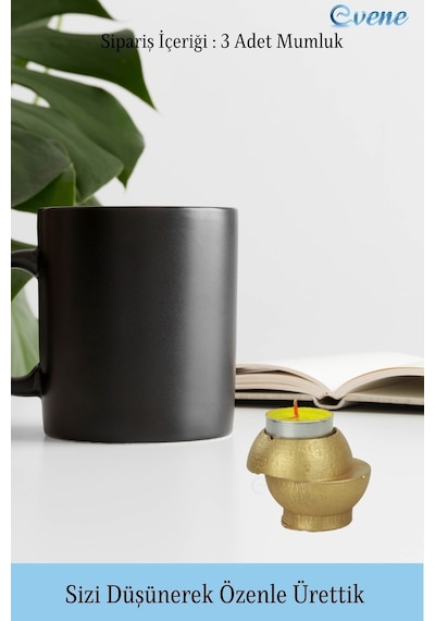 Mumluk Şamdan 3 Adet Tealight Ve İnce Mum Uyumlu Kesik Model - Altın