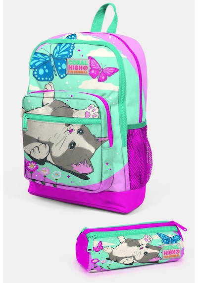 Coral High Kids Su Yeşili Pembe Kedi Desenli 2'li Okul Çanta Seti Set0123707