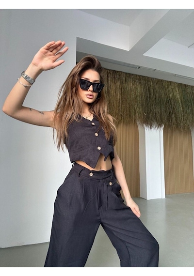 Hgfashion Kadın Yelek Pantolon İkili Takım Siyah Renk Siyah