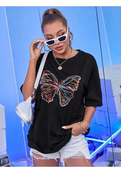 Kelebek Baskılı Oversize Siyah T-shirt SIYAH