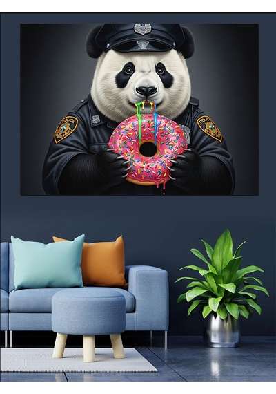 Panda Polis Pembe Donat Yiyor Dekoratif Kanvas - Mdf Ahşap Tablo