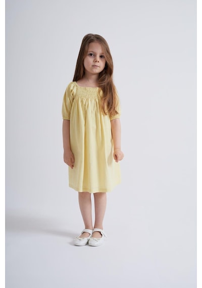 Oliventhekid Sarı Sıra Lastikli Kız Çocuk Elbise Sarı Sarı