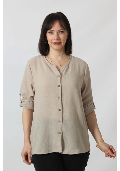 Moda Berray Tb-069 Keten Kolu Apoletli Sıfır Yaka Büyük Beden Taş Rengi Gömlek Bej