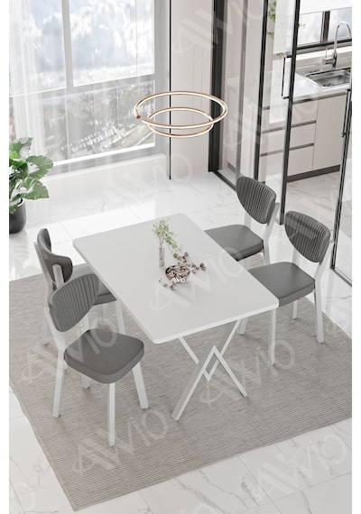 Avvio Lionel Beyaz Elma Sandalye 80x120 Yemek Masası Mutfak Masası 4 Kişilik Masa Sandalye Takımı Beyaz
