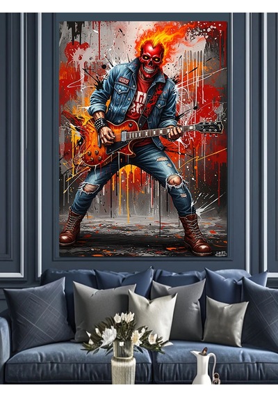Elektrogitar Çalan Kırmızı Maskeli Rock Müzisyeni Dekoratif Kanvas - Mdf Ahşap Tablo