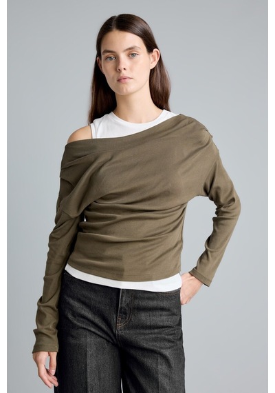 Defacto %100 Pamuk Slim Fit Tek Omuzlu Drape Detaylı Ribana Uzun Kollu Basic Tişört I2636ax26aukh447 Haki-kh447