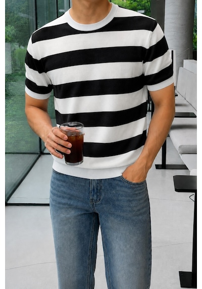 Tarz Cool Erkek Çizgili Triko Tişört Bisiklet Yaka Slim Fit Yazlık İnce Dokulu Siyah