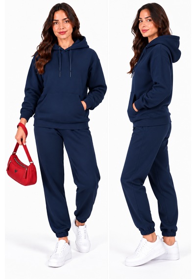 Justas Kadın Lacivert Kapüşonlu Kanguru Cepli 3 İplik Şardonlu Sweatshirt