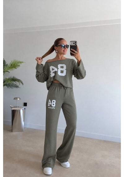 Tammy Kadın Tek Omuzdan Açık Uzun Kollu Baskılı Modal Bluz Ve Pantolon İkili Takım Haki