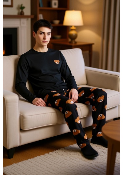 Frm Erkek Ayıcık Desenli Örme Pijama Takımı Fonksiyonel Dayanıklı Kal Siyah