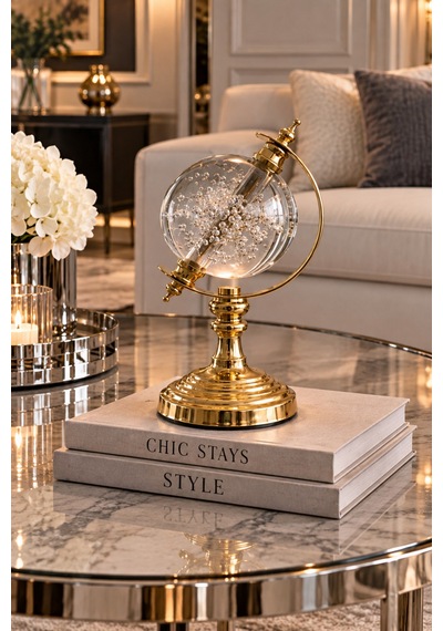 Sahra Modern Gold Ayaklı Dekoratif Cam Dünya Küre Obje Biblo 28cm Altın