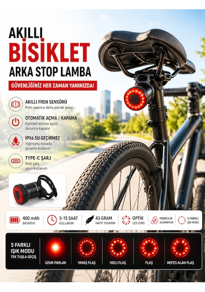 Kenly Akıllı Bisiklet Arka Stop Lambası Fren Sensörlü Type-c Şarjlı Ipx6 Su Geçirmez Led Arka Işık Siyah
