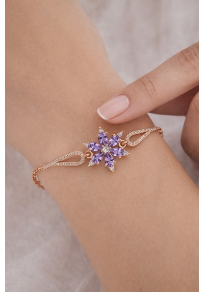 Çekirdekjewelry 925 Ayar Gümüş Lila Taşlı Lotus Bileklik Pembe