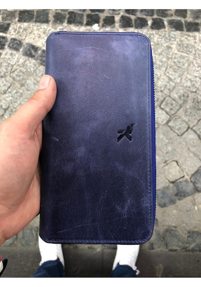 Karalı Deri Unisex Lacivert Hakiki Deri Telefon Bölmeli Kartlıklı Cüzdan El Portföyü Lacivert