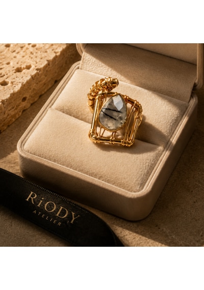 Riody Atelier El Yapımı Doğal Taş Yüzük Gold Tasarım Kadın Yüzük Sarı