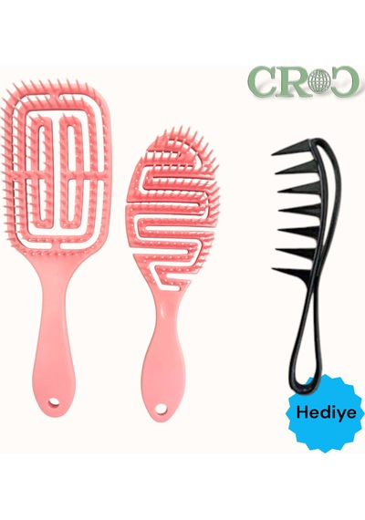 Croc Saç Fırçası Seti 2li Somon - Saç Açıcı Fırça, 3d Detangler Brush - Tarak Hediyeli