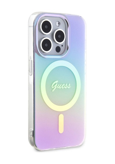 Apple Uyumlu iPhone 15 Pro Kılıf Guess Lisanslı Magsafe Şarj Özellikli Yazı Logo Iridescent Siyah