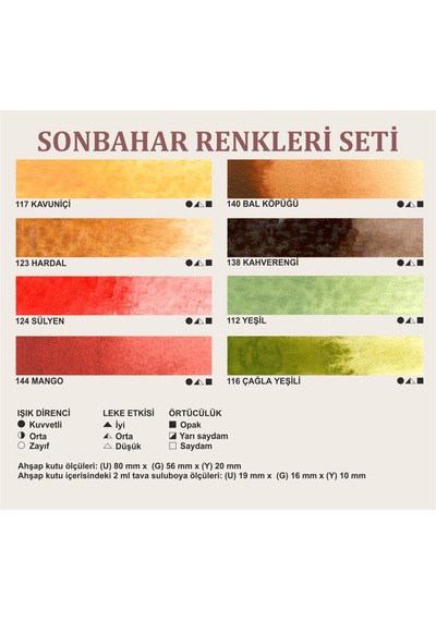 Şemse El Yapımı Yarım Tava Taş Suluboya Seti Sonbahar Renkleri 8'li