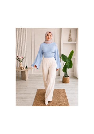 Unika Boutique Kadın Geniş Kol Belden Oturtmalı Bluz mavi
