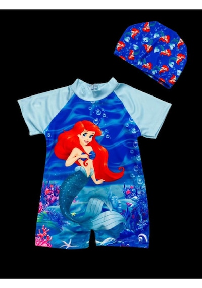 Lolliboomkids Kız Çocuk Deniz Kızı Temalı Kısa Kol Şortlu Hipster Hassas Ten Mayo Ve Bone Takımı 2 'li Set Mavi