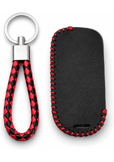 Autohan Keys Egea Uyumlu Deri Anahtar Kılıfı, 3 Buton, Siyah, Kırmızı Örgülü Anahtarlık Dahil
