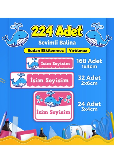 Balina Temalı Okul Kreş Kişiye Özel İsim Etiket Seti - Model 208 Çok Renkli