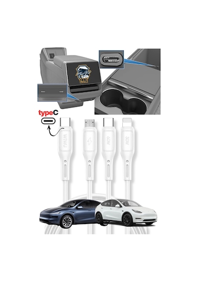 Tesla Model Y 2024-2025 Juniper Type-c Şarj Kablosu 1.2m 60w Süper Fast Pd 3in1 Apple iPhone Samsung Uyumlu Xiaom