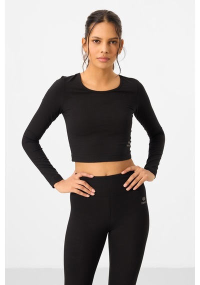 Tommylife Siyah Yüksek Bel Uzun Kollu Slim Fit Crop Top Kadın Tayt Takım - 95286