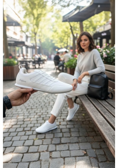 Enoch Erkek El Yazısı Detaylı Üçlü Şeritli Günlük Spor Ayakkabı Sneaker Beyaz