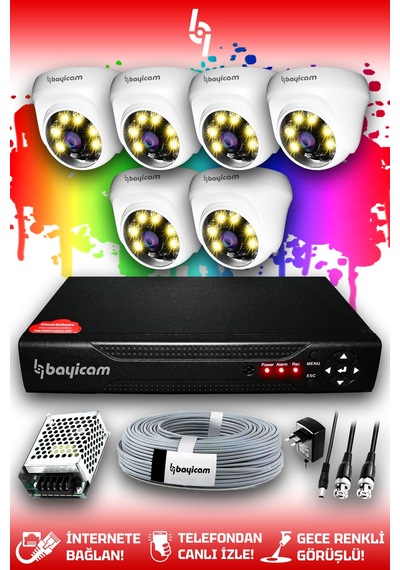 Bayicam 6 Kameralı Dome 6 İç Kamera Set HDD'siz Full HD Renkli Gece Görüşlü Güvenlik Kamerası Sistemi