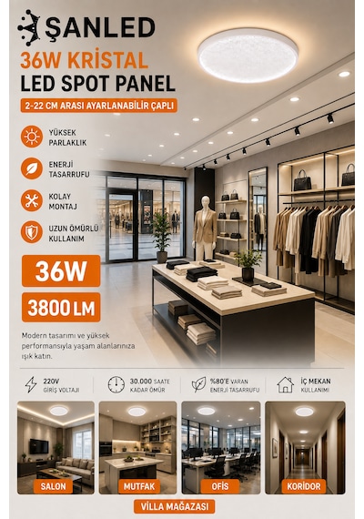 36w Kristal Beyaz Işık Led Spot Panel 3800 Lümen 2-22 Cm Ayarlanabilir Çaplı Tavan Aydınlatma 4 Adet
