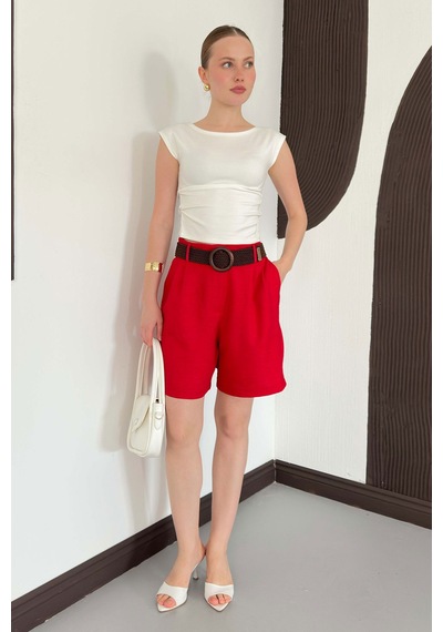 Verymoda Kemerli Şort D2686 Kırmızı