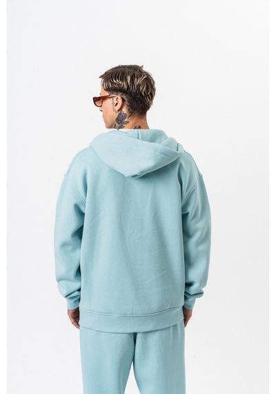 Erkek Respire Yazı Detaylı Kapüşonlu Basic Zip Oversize Hoodie Bebe Mavi