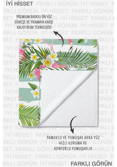 Flamingo Tropikal Çiçekli Plaj Havlusu - Mint Pembe Marine Çizgili Hızlı Kuruyan Mikrofiber Havlu Çok Renkli
