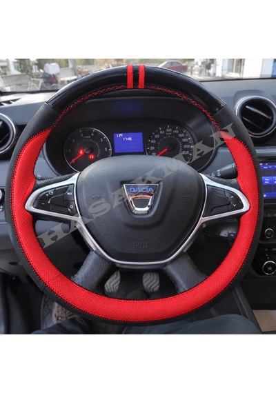 Dacia Sandero Dikme Direksiyon Kılıfı Parlak Siyah Kırmızı Detaylı Kırmızı Çift Yüzük Ve Dikiş 2017-2021