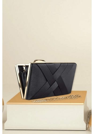 Famels Kadın Şeritli Özel Model Abiye Clutch Portföy El Gece Düğün Nişan Abiye Çantası Siyah