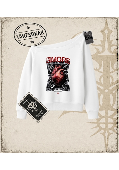Tarzsokak Gotik & Grunge Streetwear Amore Halftone Kayık Yaka Sweatshirt Beyaz
