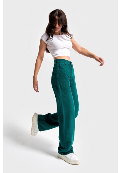 Itsbasic Kadın Petrol Yeşili Doris 29w5-118 Straight Fit Yüksek Bel Kalın Fitilli Velvet Kadife Kumaş Pantolon Yeşil