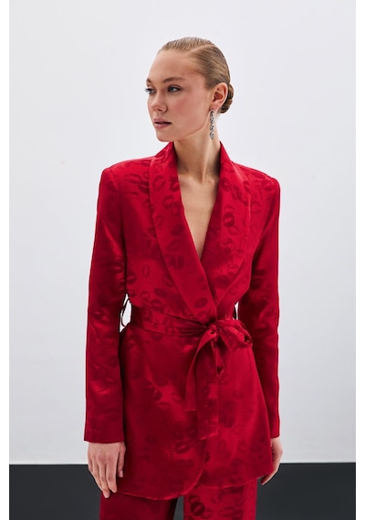 Sateen Şal Yaka Kuşaklı Ceket - Kırmızı-135682 Kırmızı