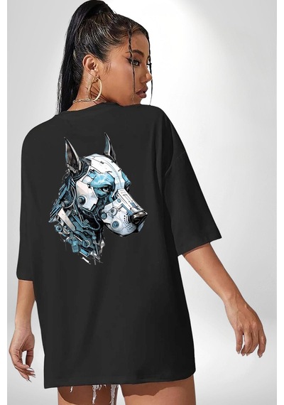 Robot Cyborg Köpek Doberman Siyah Oversize Unisex Ön Ve Sırt Baskılı Tişört Siyah