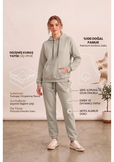 Moibody Kadın 3 İplik Şardonlu Eşofman Takımı Premium Kapüşonlu Sweatshirt Ve Jogger Alt Bej Bej