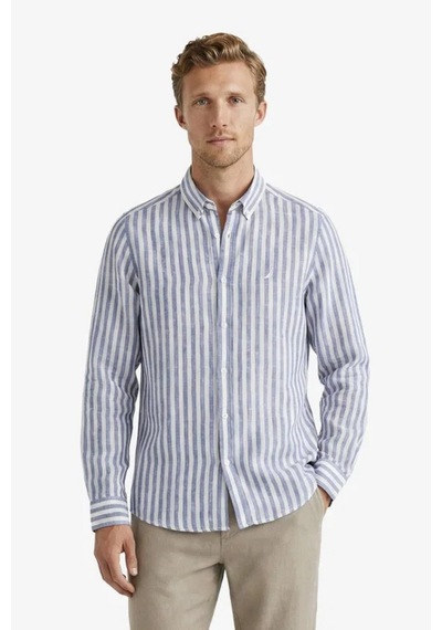 Nautica Erkek Mavi Regular Fit Çizgili Keten Gömlek-15325