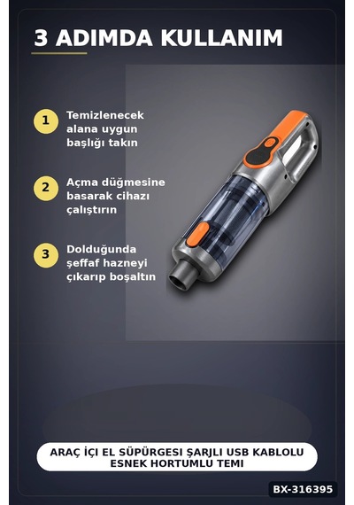 Araç İçi El Süpürgesi Şarjlı Usb Kablolu Esnek Hortumlu Temizlik Seti Bx-316395 Diğer