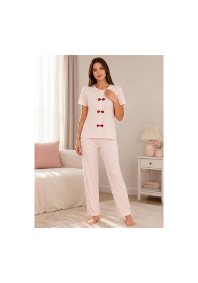 Pijamask Kadın Pudra Pembe Baskılı Kısa Kollu Pijama Takımı Açık Pembe