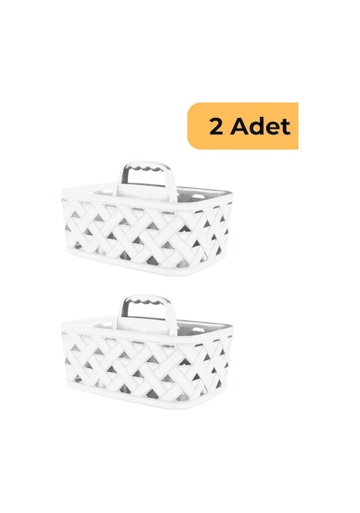 Deri Desenli Saplı Sepet, 2'li Set, Bej Beyaz