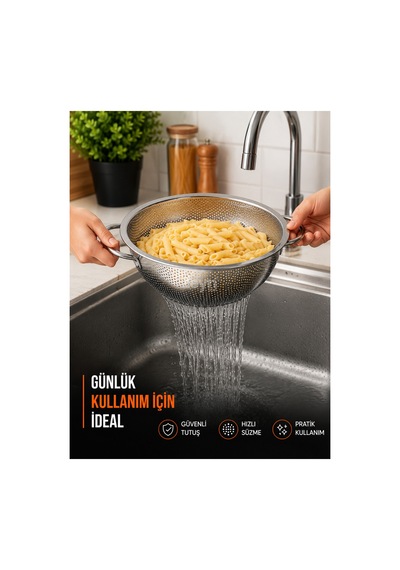 Paslanmaz Çelik Makarna Süzgeci 22 Cm Çift Kulplu Metal Sebze Meyve Yıkama Ve Süzme Kevgiri Gri