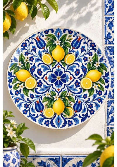 Dekoratif Duvar Tabağı Limonlu Akdeniz Desenleri Dekorlu Seramik Tabak Sarı