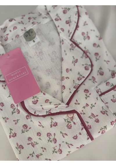 Mh Moony Homewears Trendys Gül Kurusu Özel Dokulu Düğmeli Pijama Takımı Krem