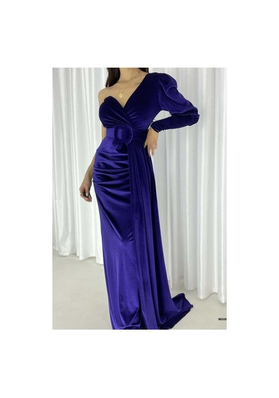 Lior Design Kadın İnce Kadife Kumaş Tek Omuz Kemerli Maxi Abiye Elbise Mor