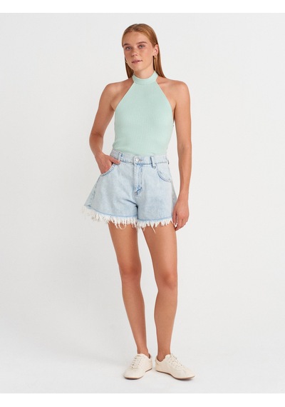Dilvin 10798 Halter Bağlamalı Yaka Fitilli Triko Bluz-mint Mint